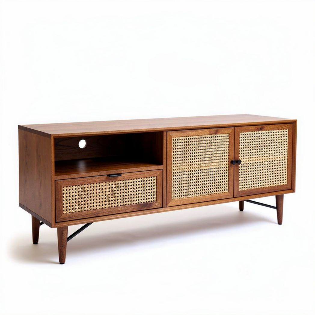 Meuble de télévision en bois avec portes en cannage de dimensions 150 x 40 x 60cm