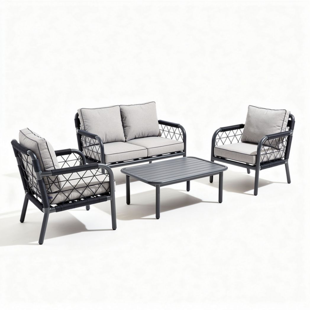 Canapé de jardin en métal noir avec coussins gris 200 x 100 x 80cm