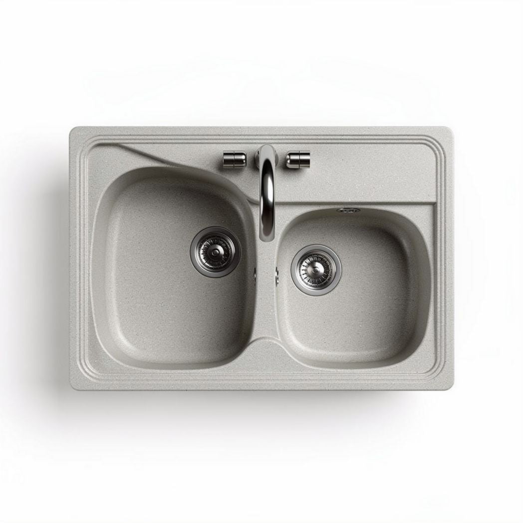 Évier en granit double cuve 80 x 50 x 20cm couleur beige avec robinetterie intégrée