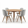Table ronde en bois de chêne avec cinq chaises tissu gris 120 x 120 x 75cm