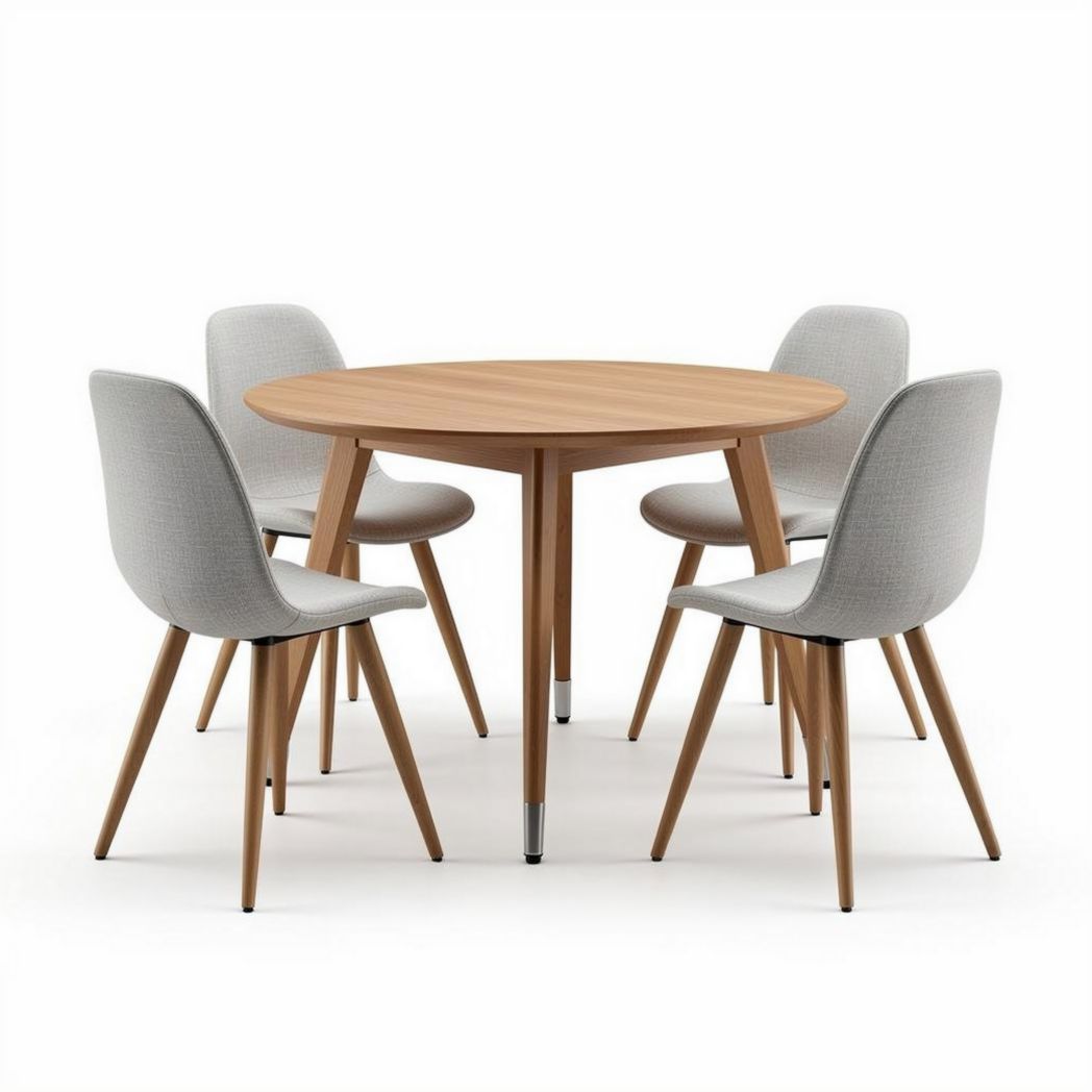 Table ronde en bois de chêne avec cinq chaises tissu gris 120 x 120 x 75cm